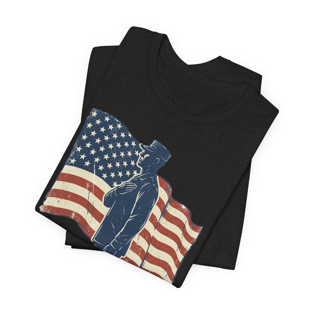 Black T-shirt with saluting soldier graphic and American flag design on front
