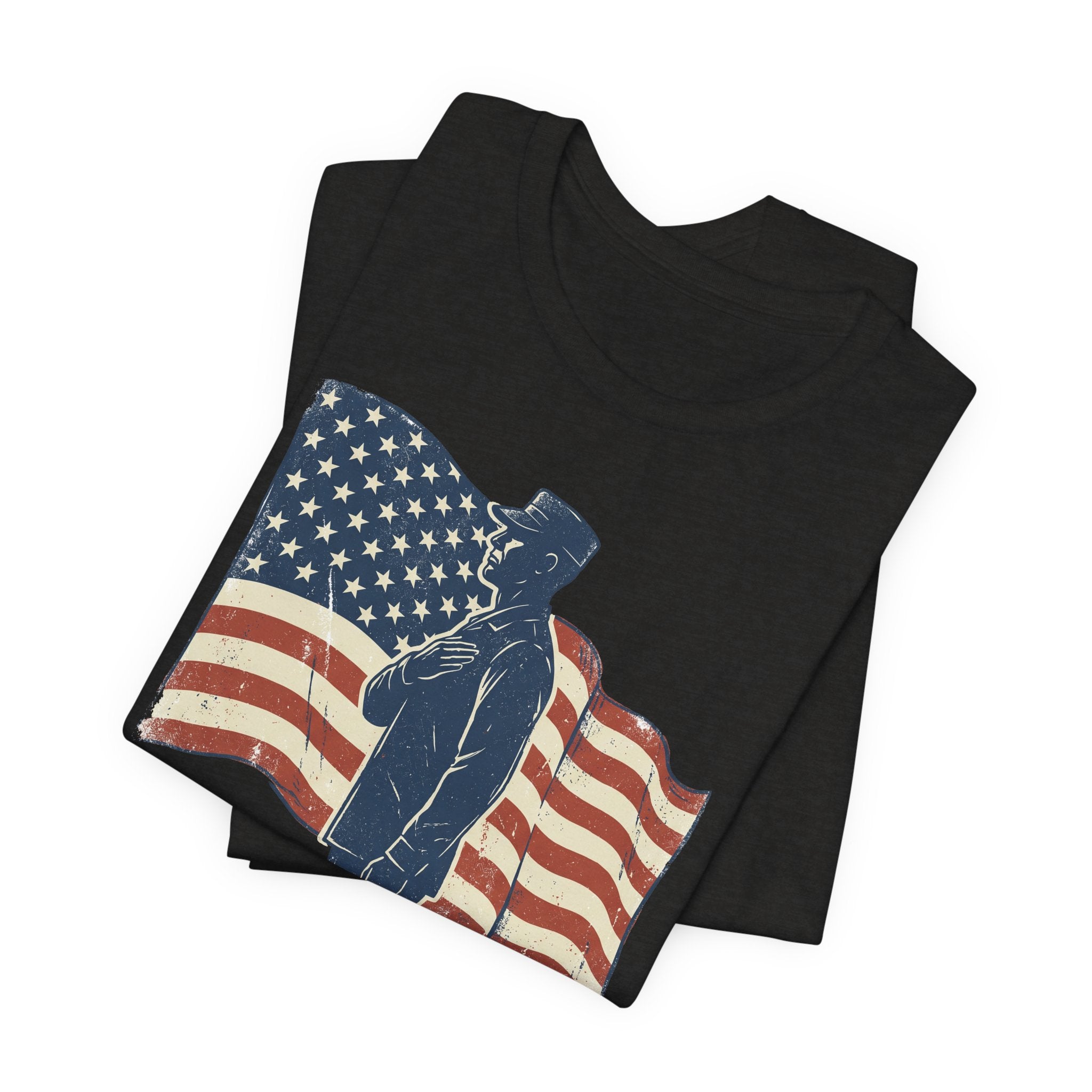 Black T-shirt with saluting soldier graphic and American flag design on front