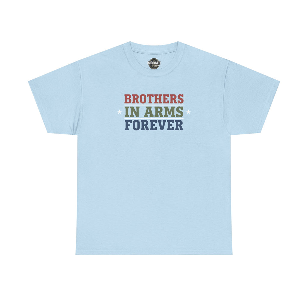 Light blue T-shirt with 'Brothers in Arms Forever' retro block text and stars