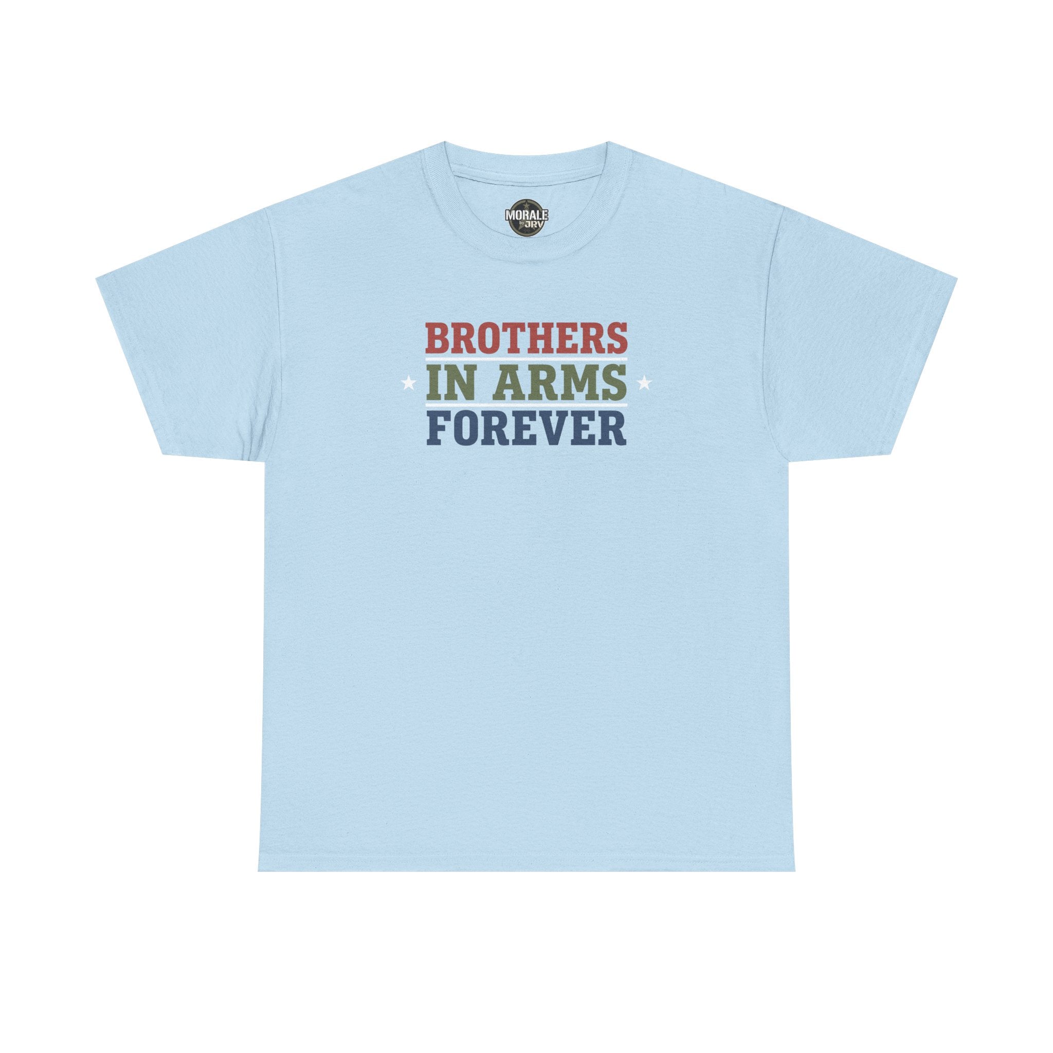 Light blue T-shirt with 'Brothers in Arms Forever' retro block text and stars