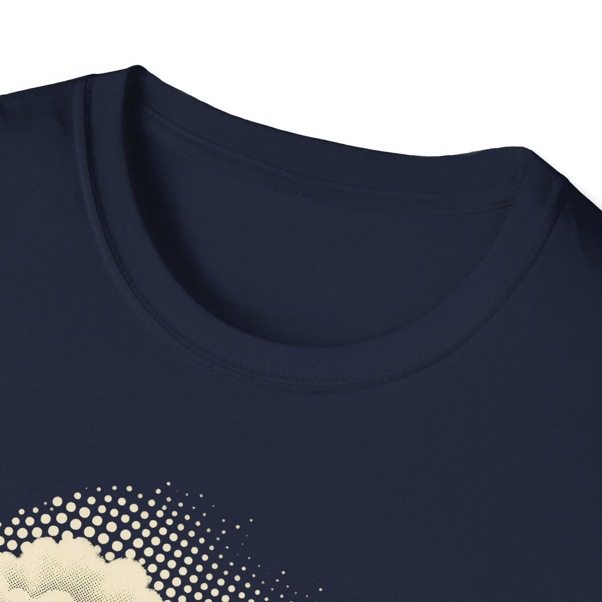 Navy short-sleeve T-shirt close-up of crew neck and subtle fabric stitching