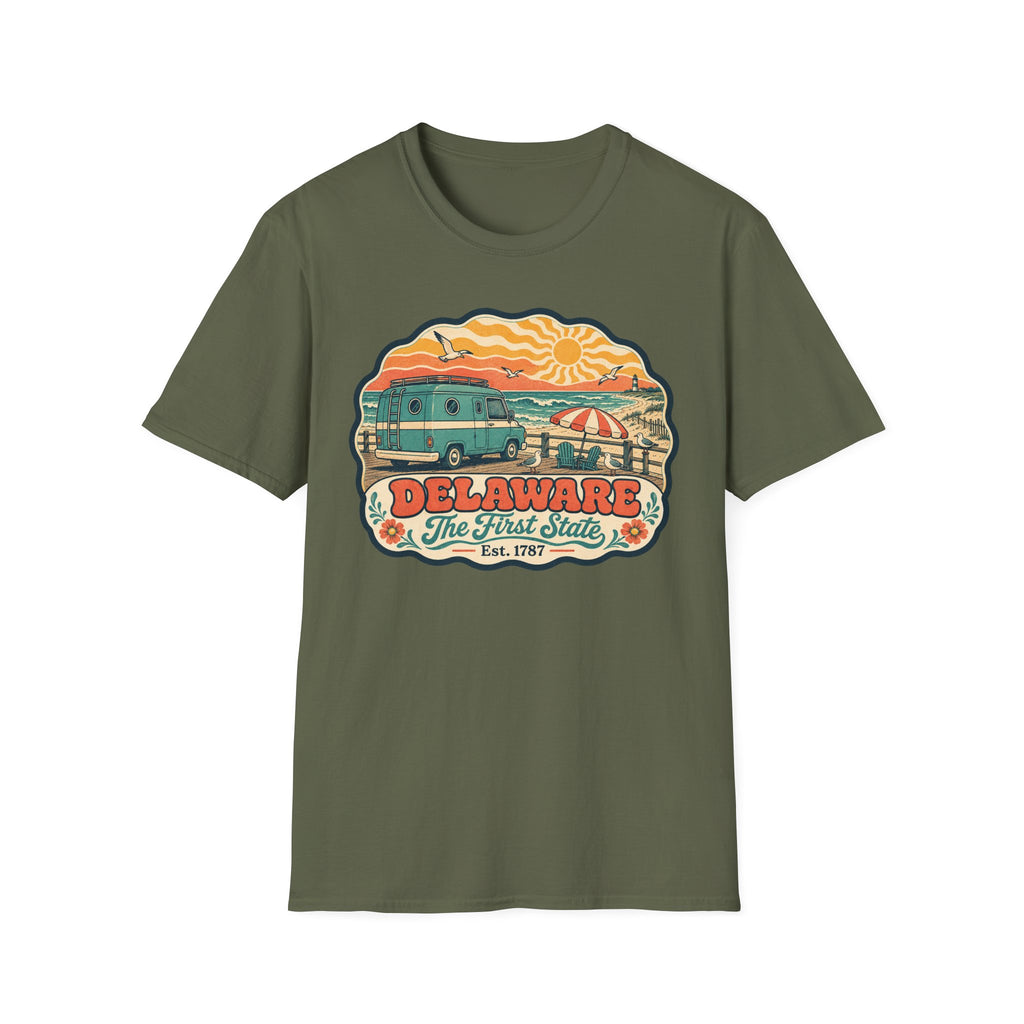 Olive unisex graphic T-shirt with Delaware van and beach sunset badge print