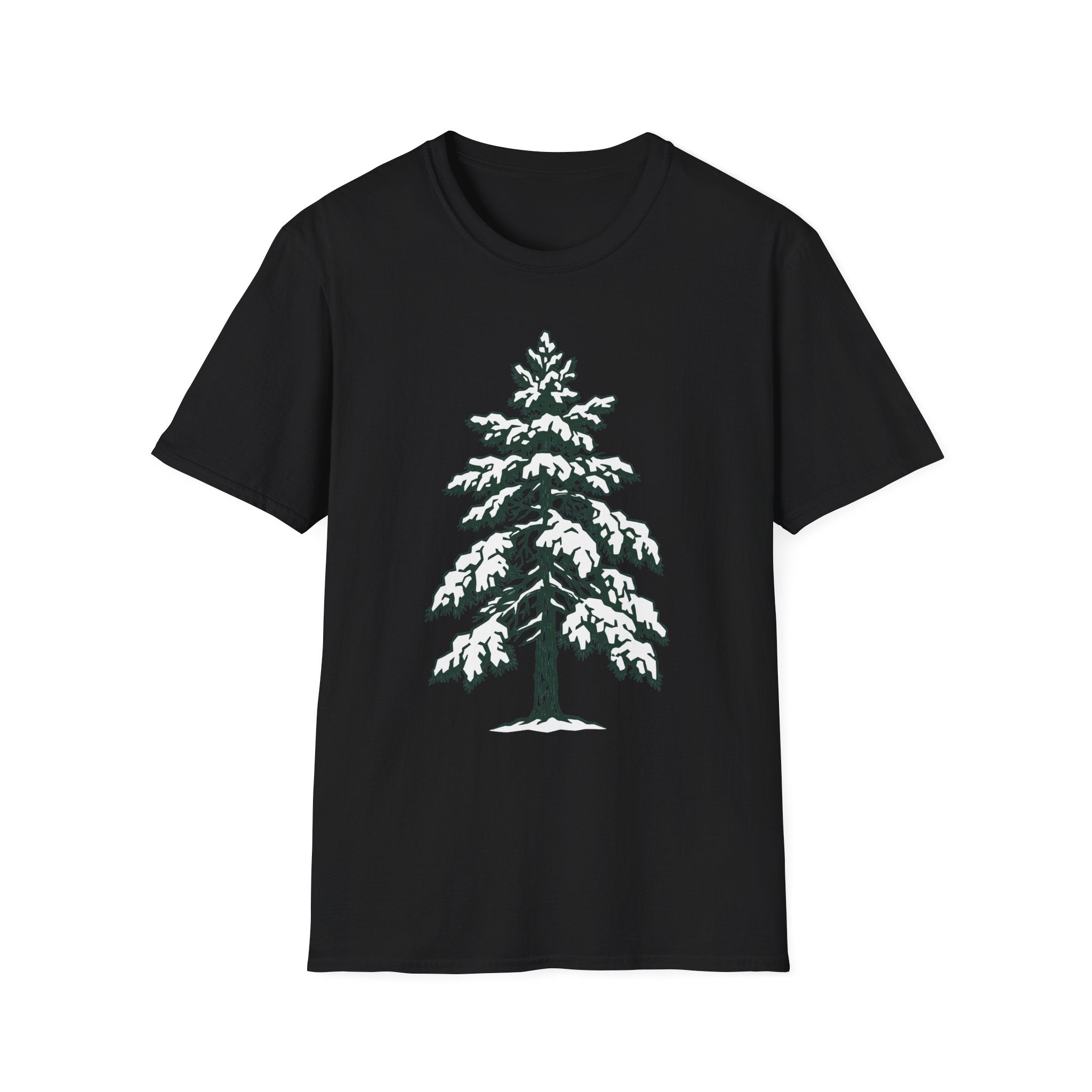 Snowy pine tree graphic T-shirt, black with green and white snow print