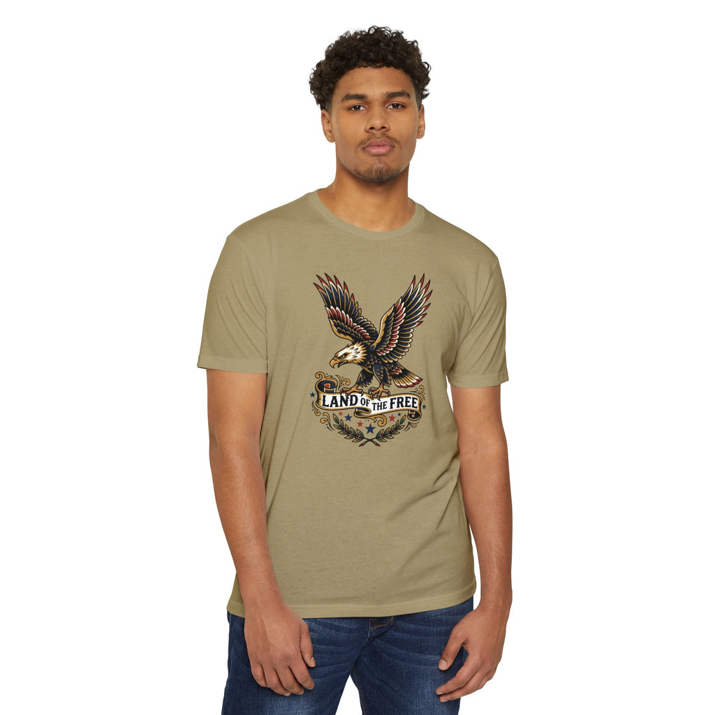 Graphic eagle T-shirt, olive tan crew neck with colorful eagle badge