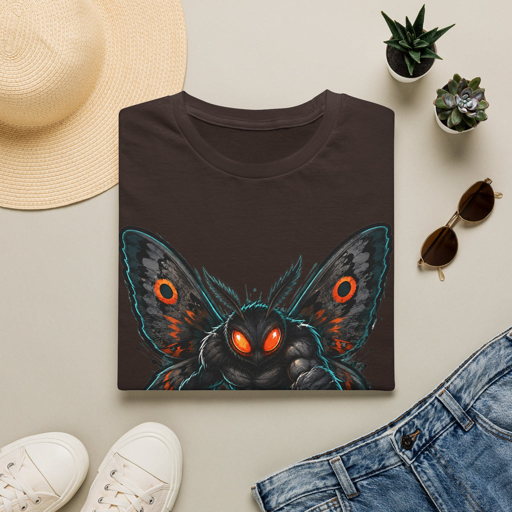 Dark brown graphic monster moth t-shirt with glowing red eyes and spread wings