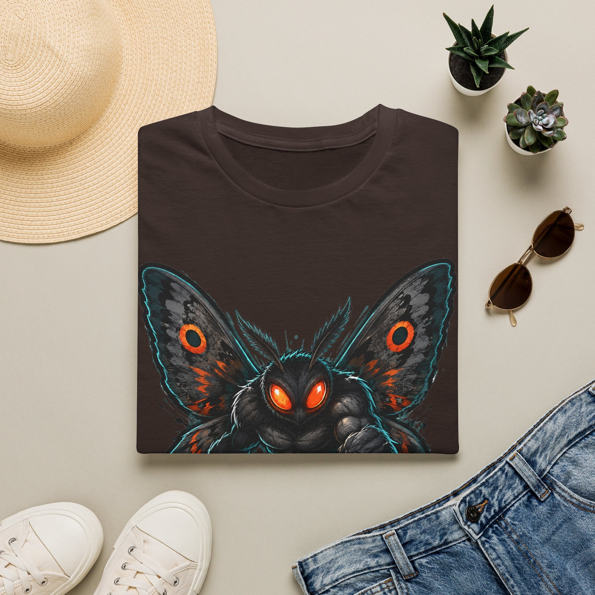 Dark brown graphic monster moth t-shirt with glowing red eyes and spread wings