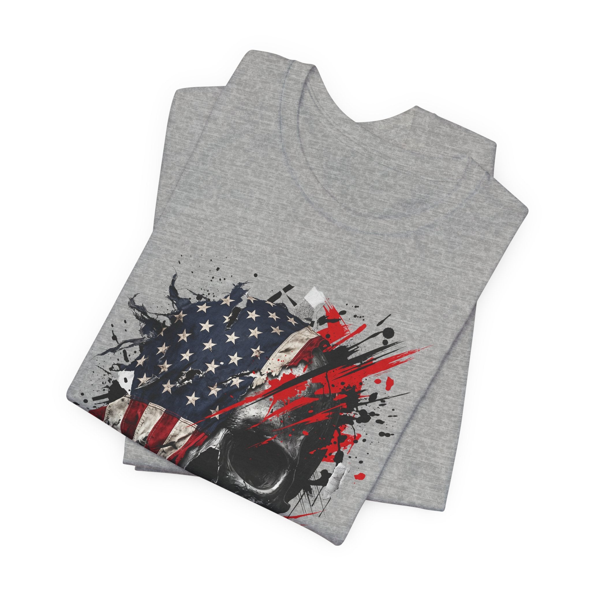 Grey crew-neck T-shirt with patriotic flag skull graphic in black, red, and white.