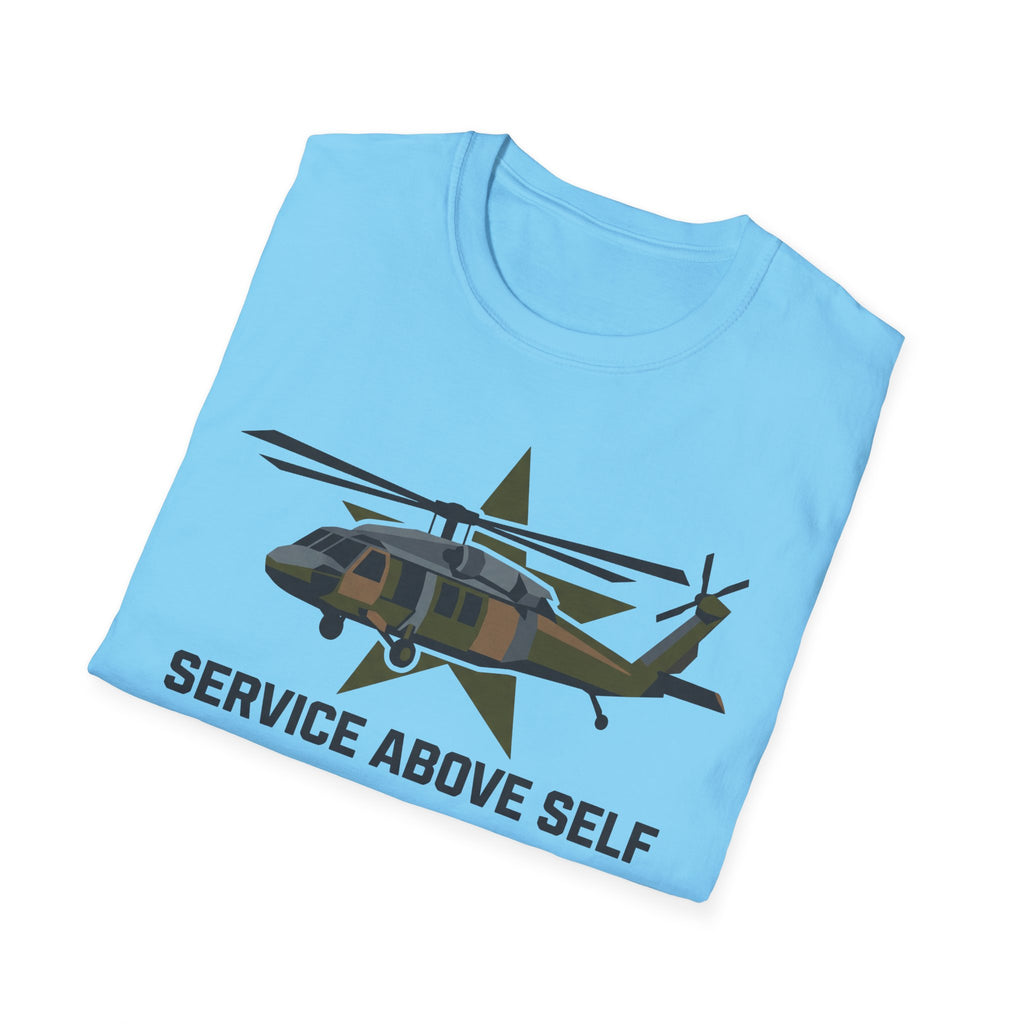 Crewneck t-shirt in light blue with printed military helicopter and "SERVICE ABOVE SELF" text