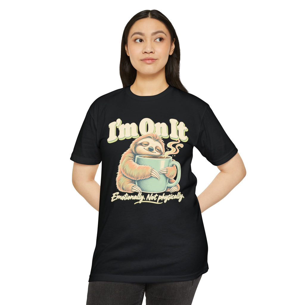 Black crewneck T-shirt with sloth holding a coffee mug graphic