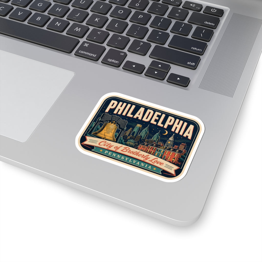 Retro luggage tag sticker with bold Philadelphia lettering and "City of Brotherly Love" banner