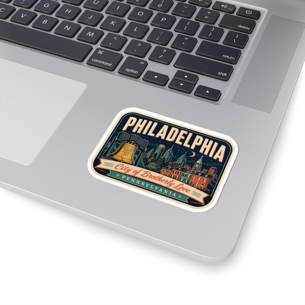 Retro luggage tag sticker with bold Philadelphia lettering and "City of Brotherly Love" banner