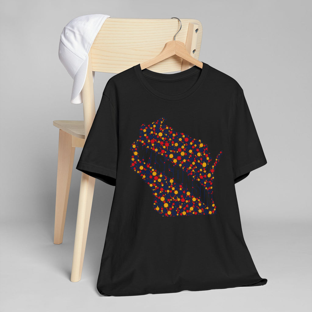 Black crewneck T-shirt with colorful Wisconsin floral map dot graphic on front