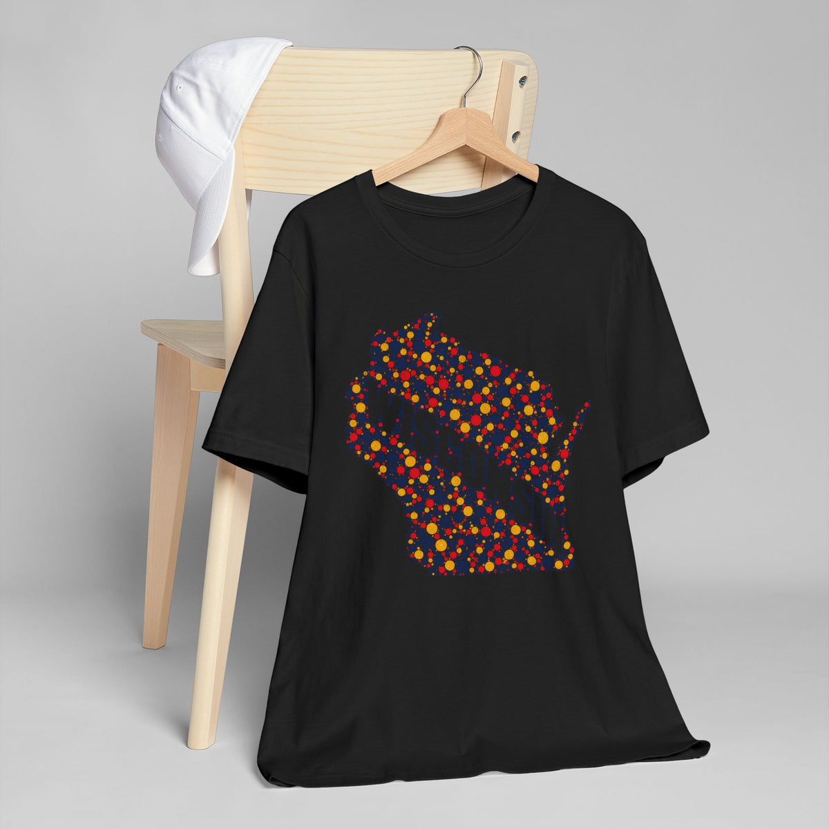 Black crewneck T-shirt with colorful Wisconsin floral map dot graphic on front