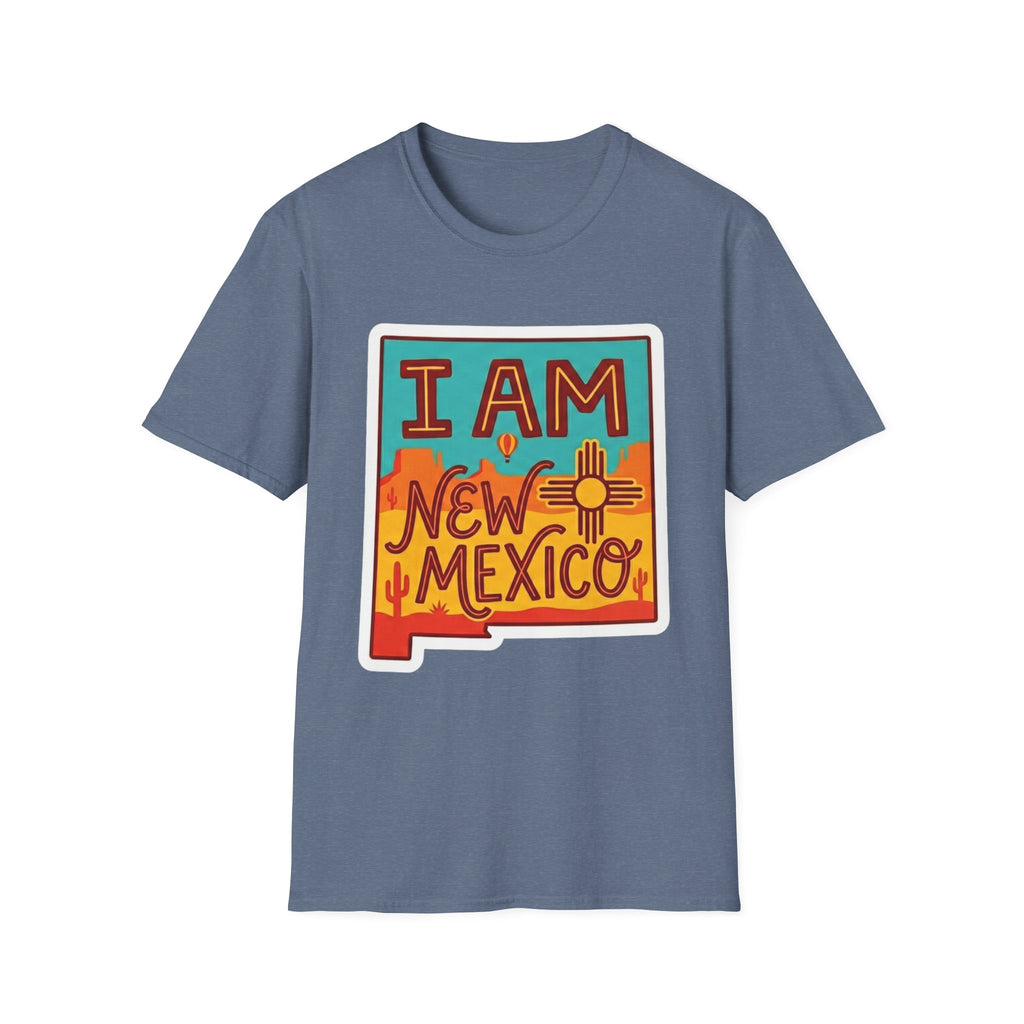 Heather blue T-shirt with 'I AM New Mexico' Zia sign graphic