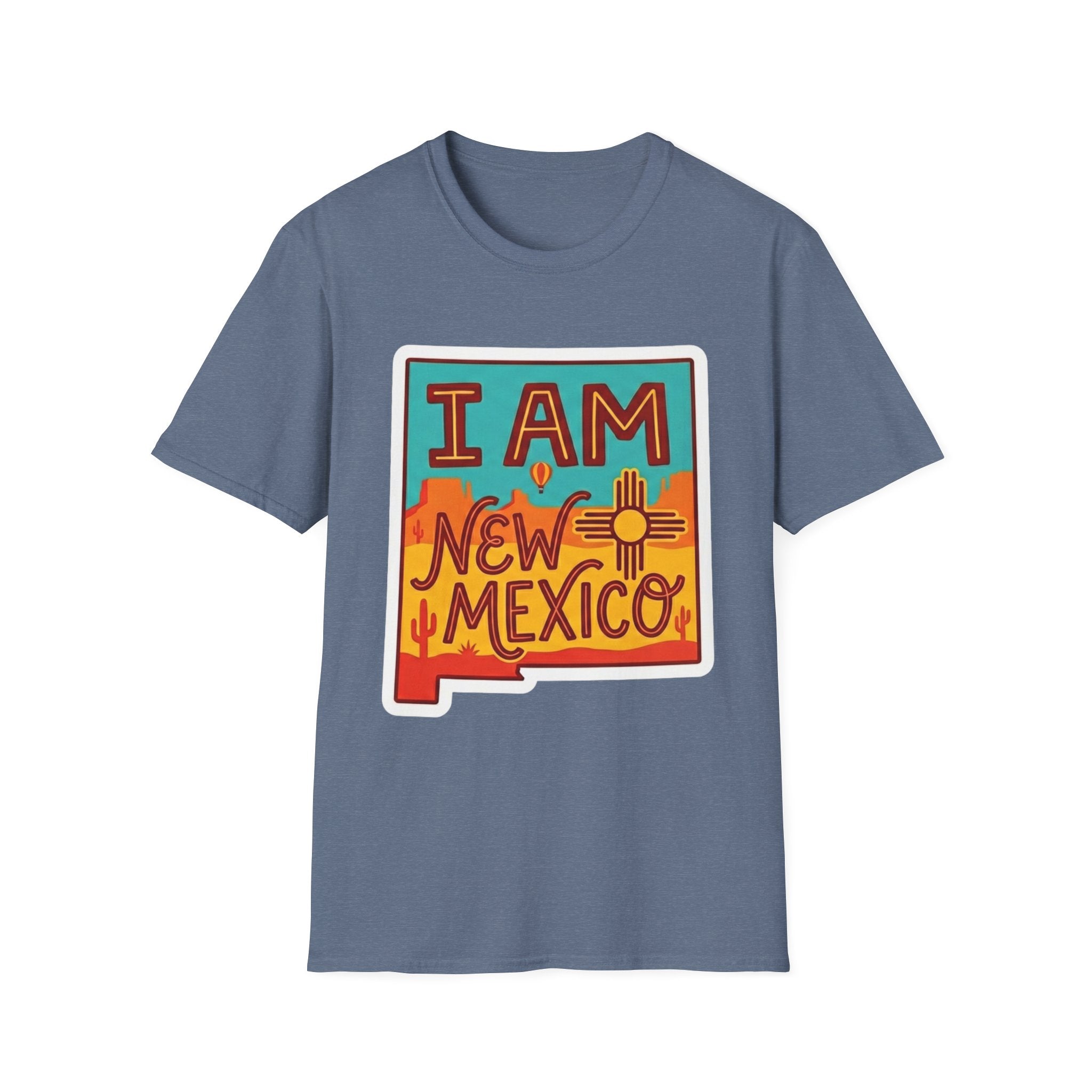 Heather blue T-shirt with 'I AM New Mexico' Zia sign graphic
