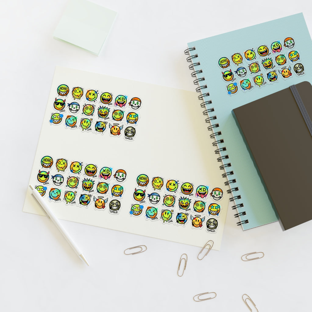 Die-cut emoji face sticker sheet with multiple rows of small round colorful faces on backing