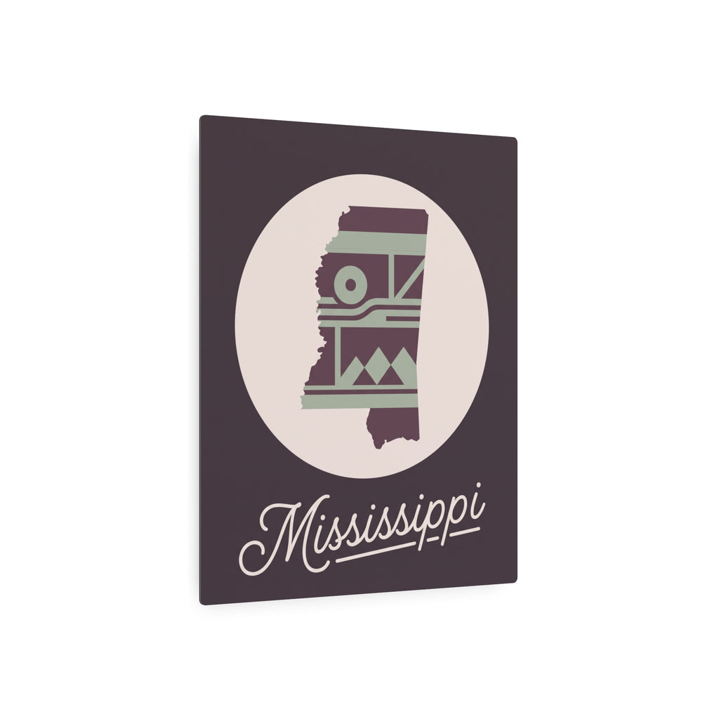 Plum metal wall sign with circular Mississippi silhouette, southwest pattern, and script lettering