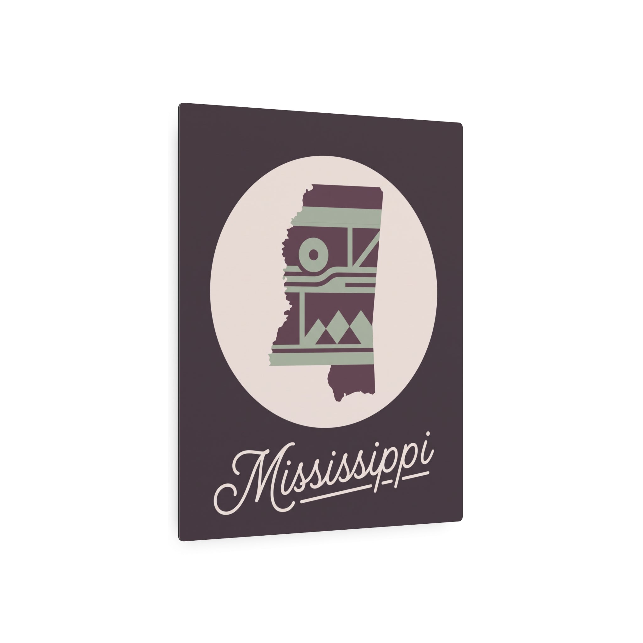 Plum metal wall sign with circular Mississippi silhouette, southwest pattern, and script lettering