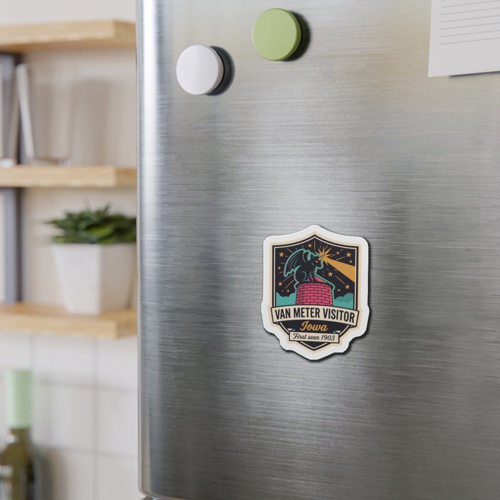 Die-cut crest magnet with gargoyle on red brick tower and Iowa branding