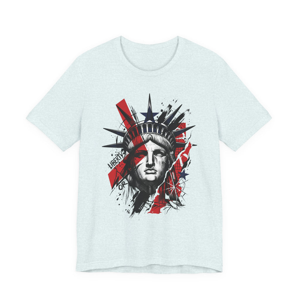 Light blue graphic t-shirt with Statue of Liberty face illustration in red and black