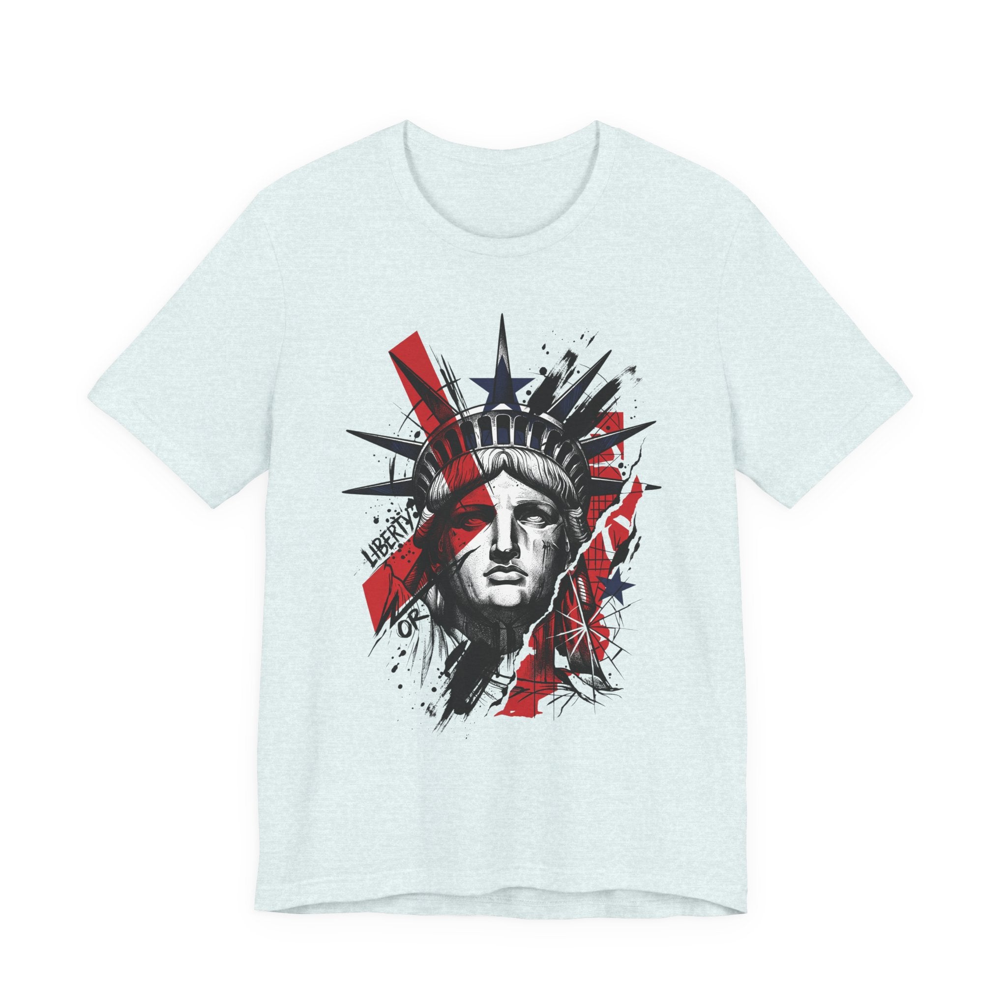 Light blue graphic t-shirt with Statue of Liberty face illustration in red and black