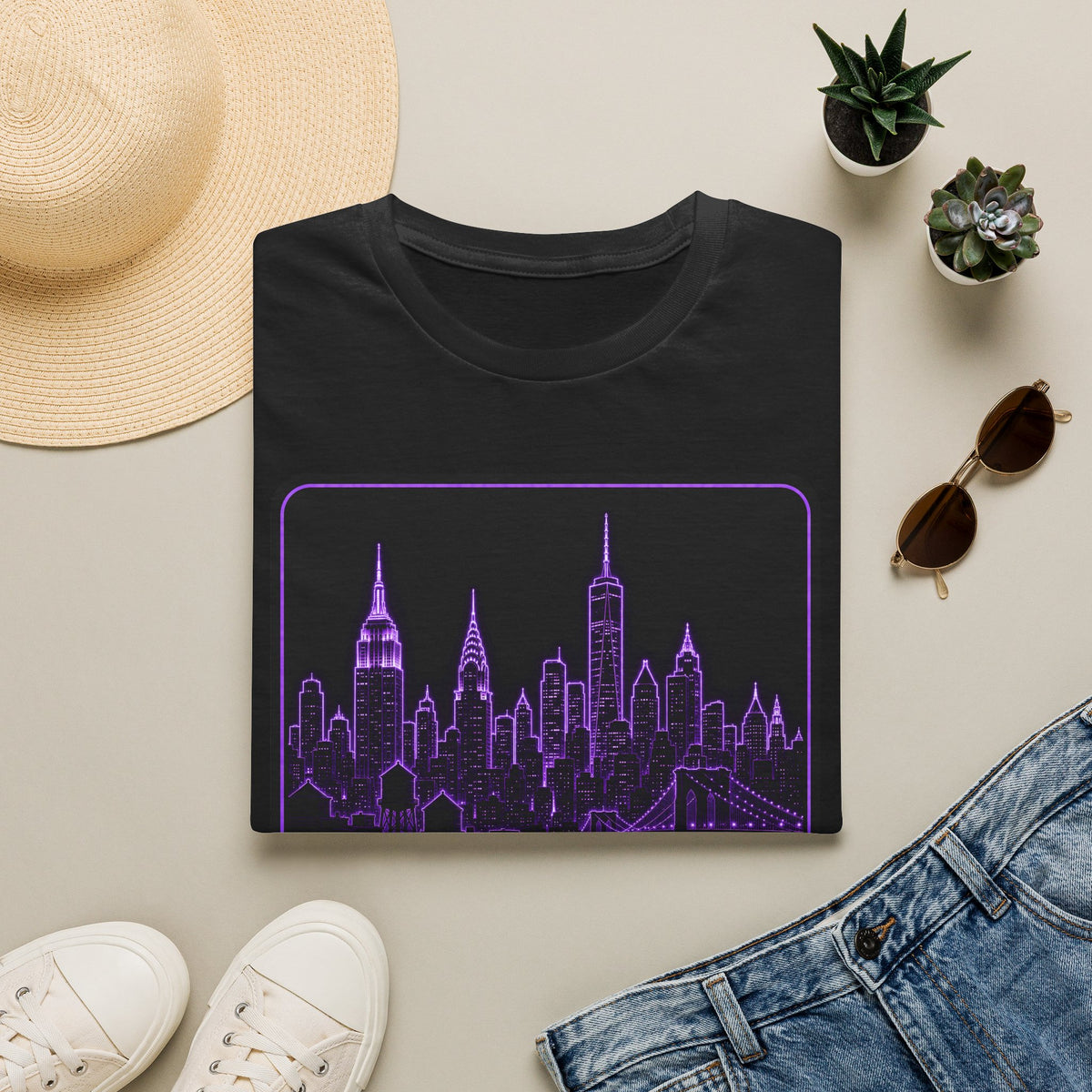 Black crewneck t-shirt with neon purple NYC skyline graphic in a rounded rectangle