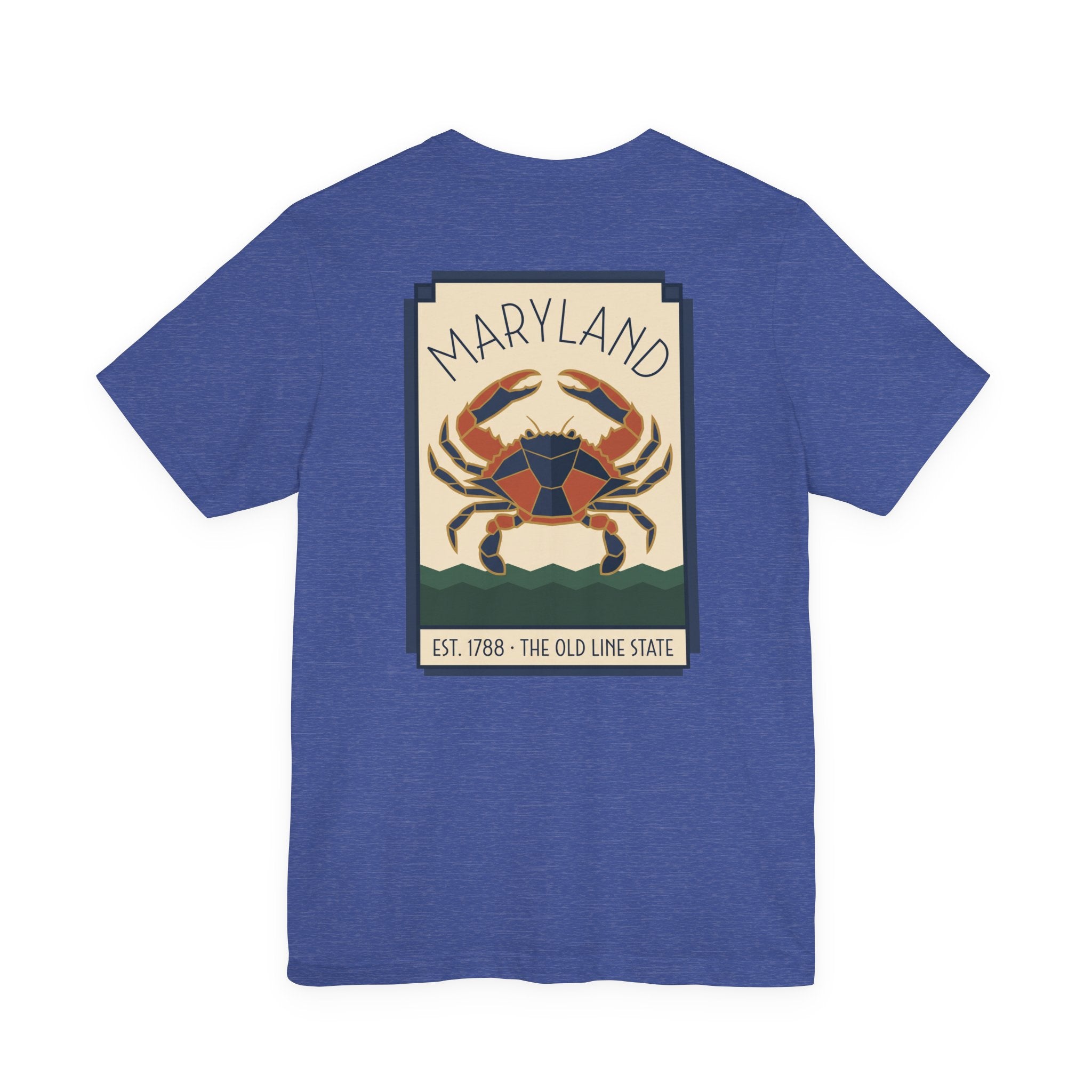 Royal blue t-shirt with Maryland art deco crab graphic on the front