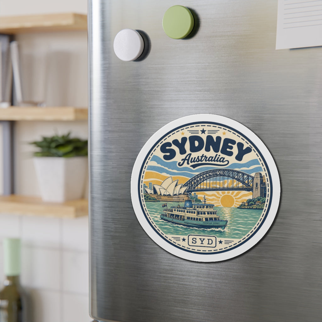 Round Sydney illustration magnet on brushed metal fridge, harbor ferry and bridge graphic
