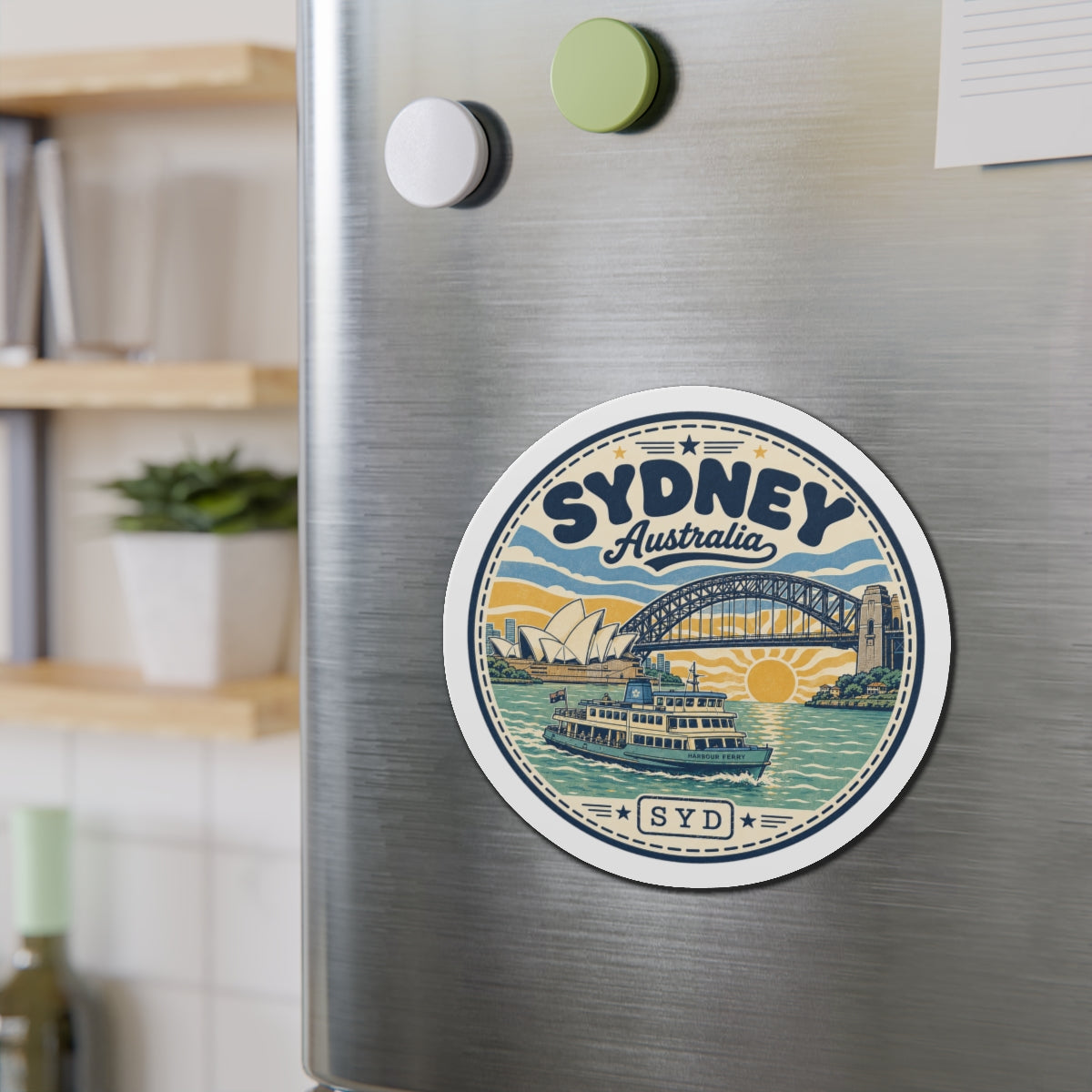Round Sydney illustration magnet on brushed metal fridge, harbor ferry and bridge graphic