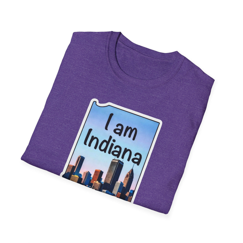 I am Indiana T‑Shirt, lila meliert, Frontaufdruck mit „I am Indiana“ und Skyline