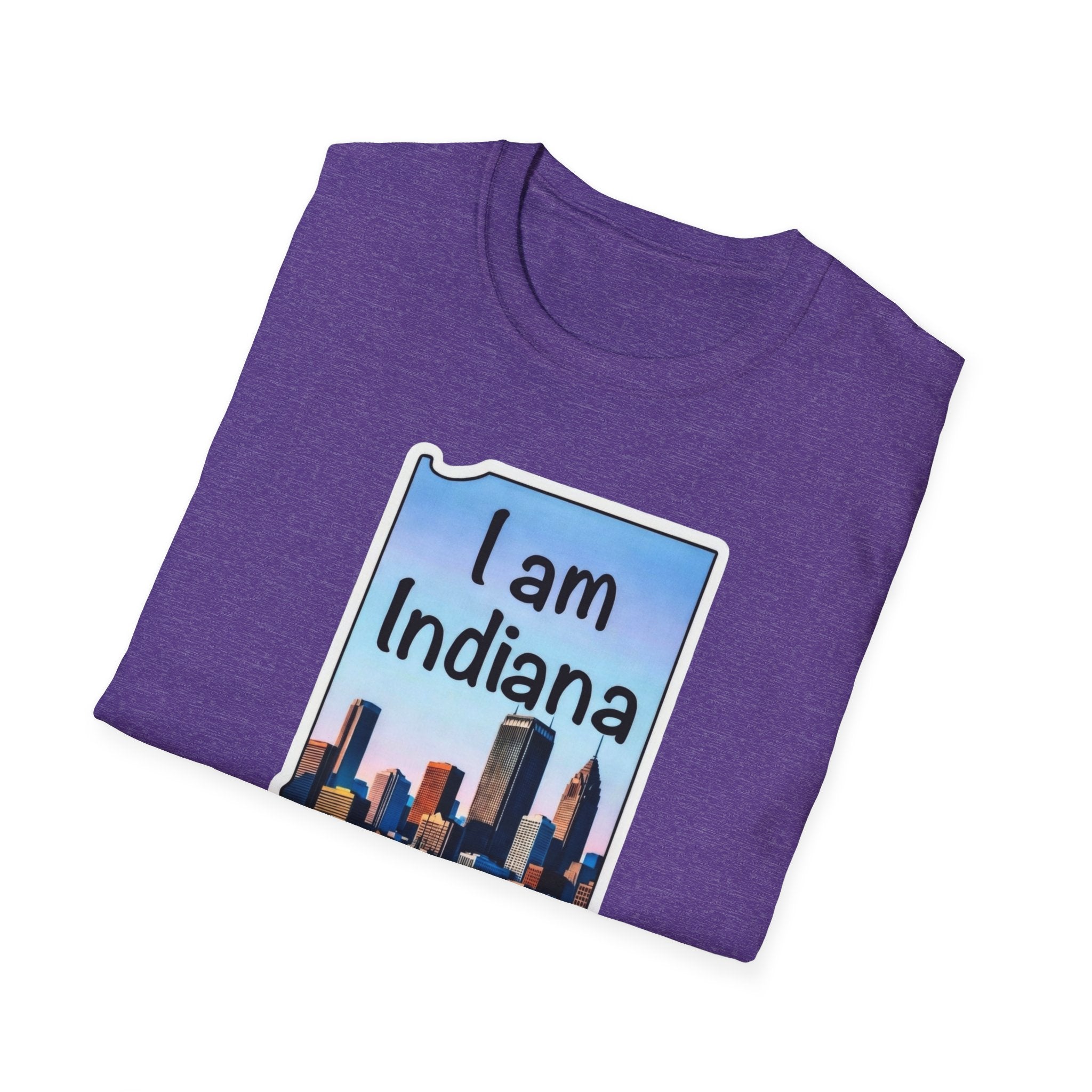I am Indiana T‑Shirt, lila meliert, Frontaufdruck mit „I am Indiana“ und Skyline