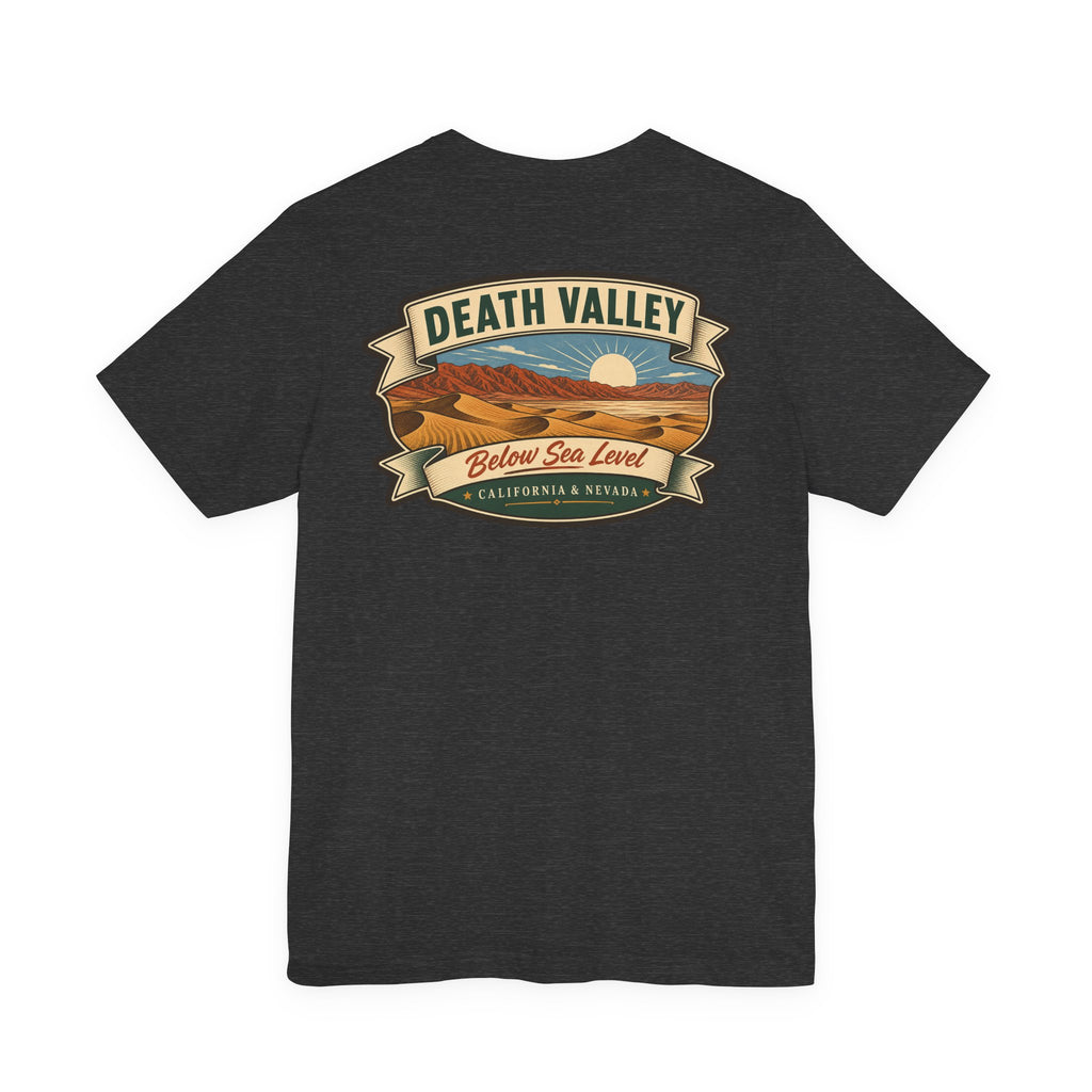 Black crew-neck T-shirt with large Death Valley ribbon landscape graphic