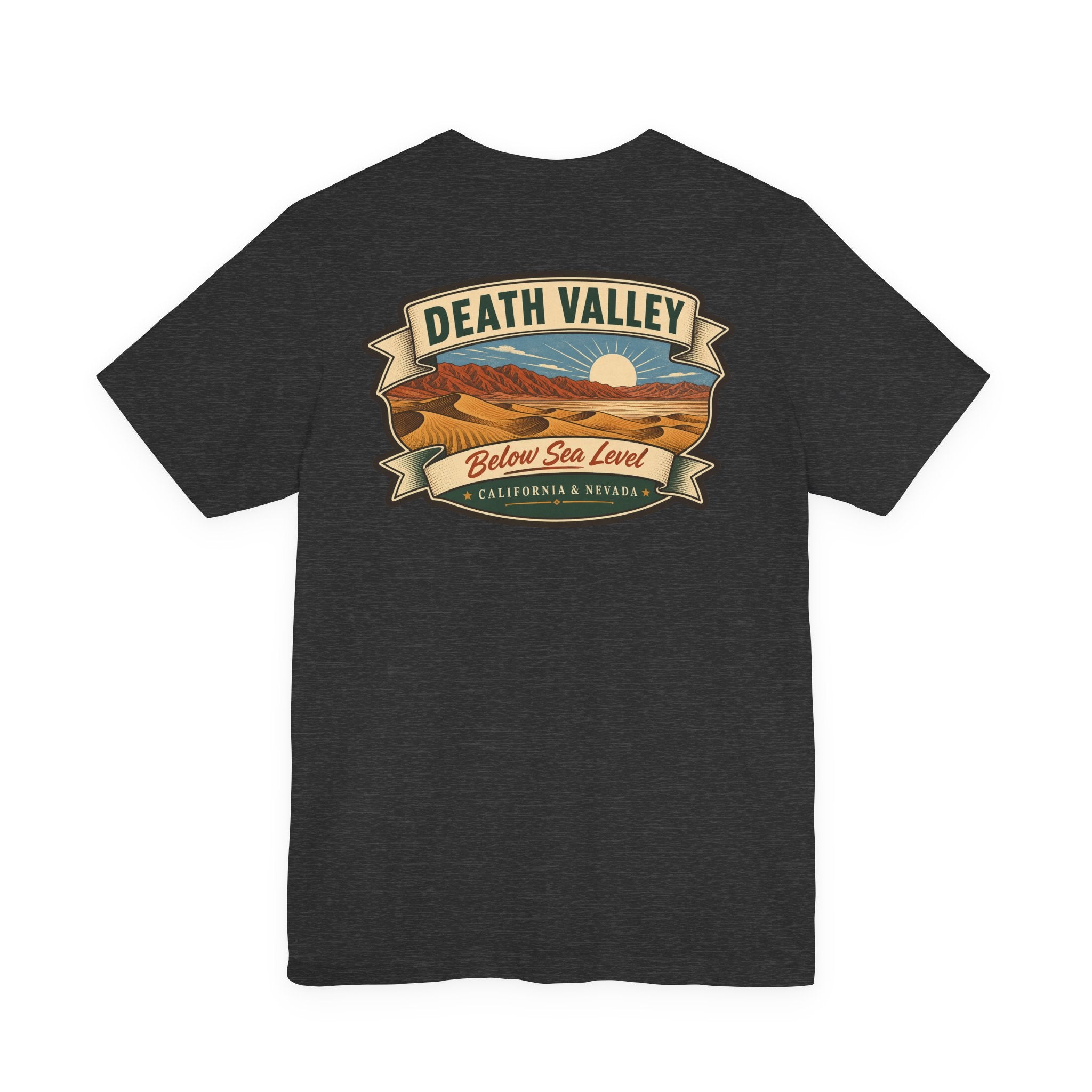 Black crew-neck T-shirt with large Death Valley ribbon landscape graphic