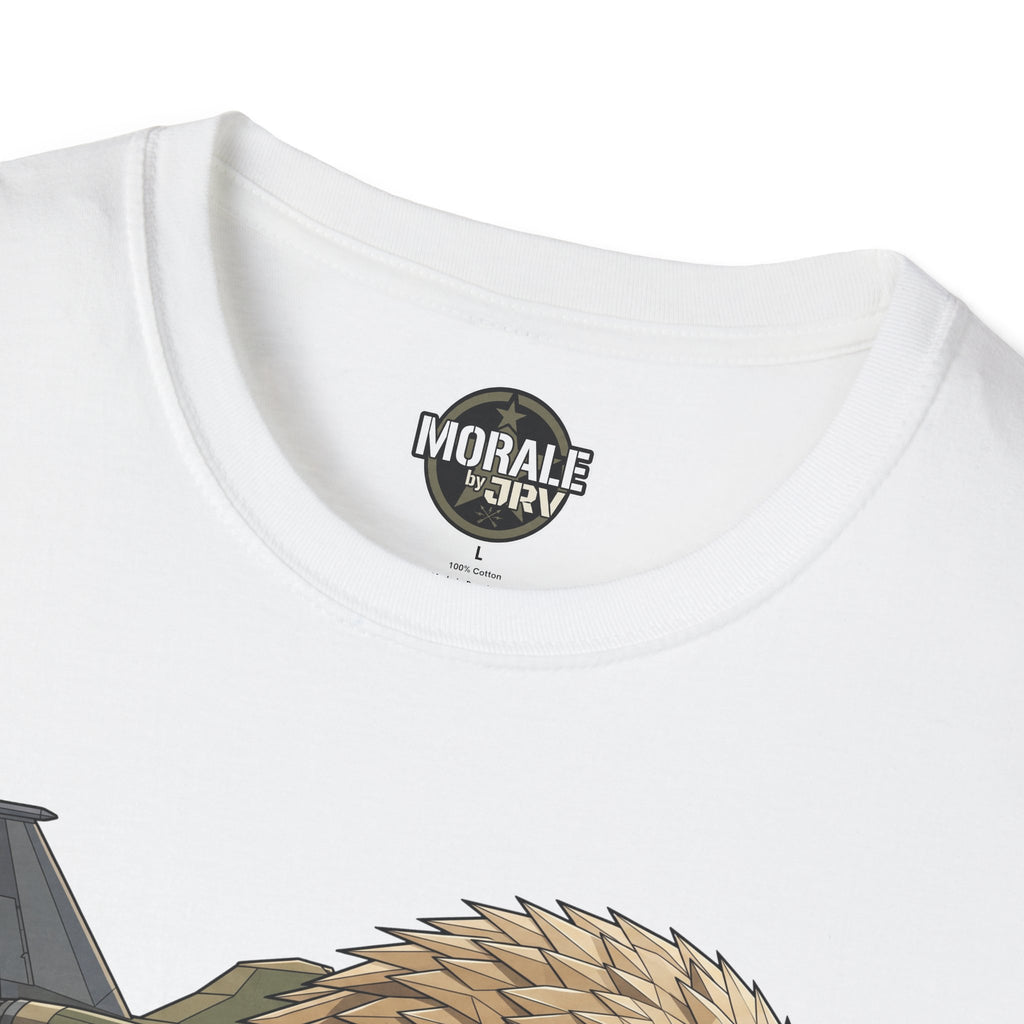 White T-shirt neckline with circular logo patch