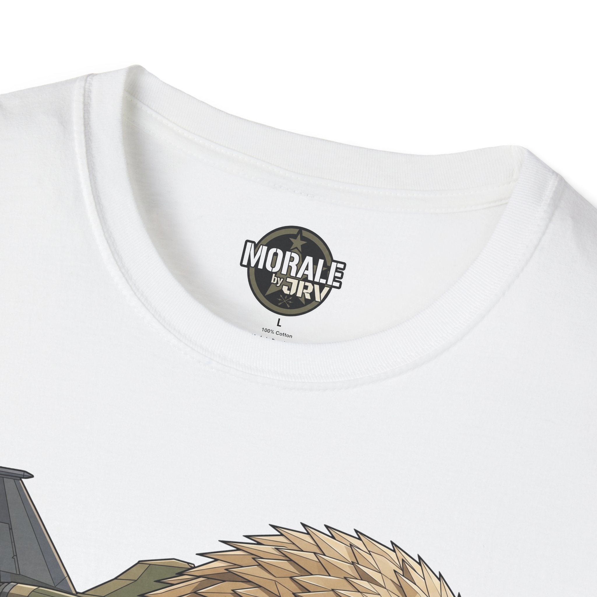 White T-shirt neckline with circular logo patch