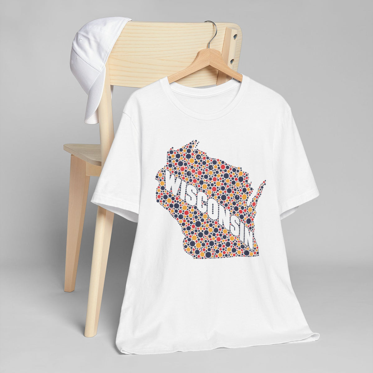White T-shirt with colorful dotted Wisconsin map floral graphic on the front