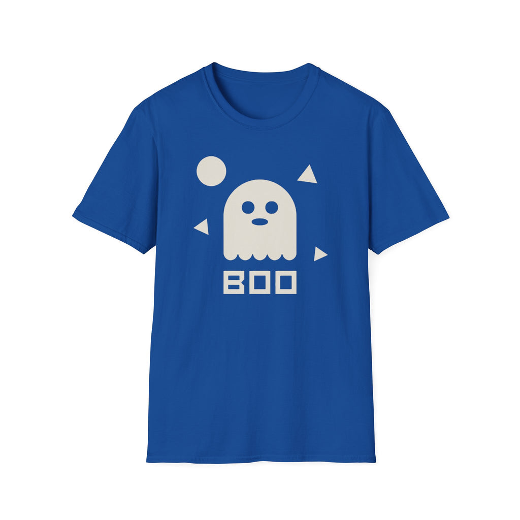 Unisex royal blue T-shirt with white ghost graphic and BOO text