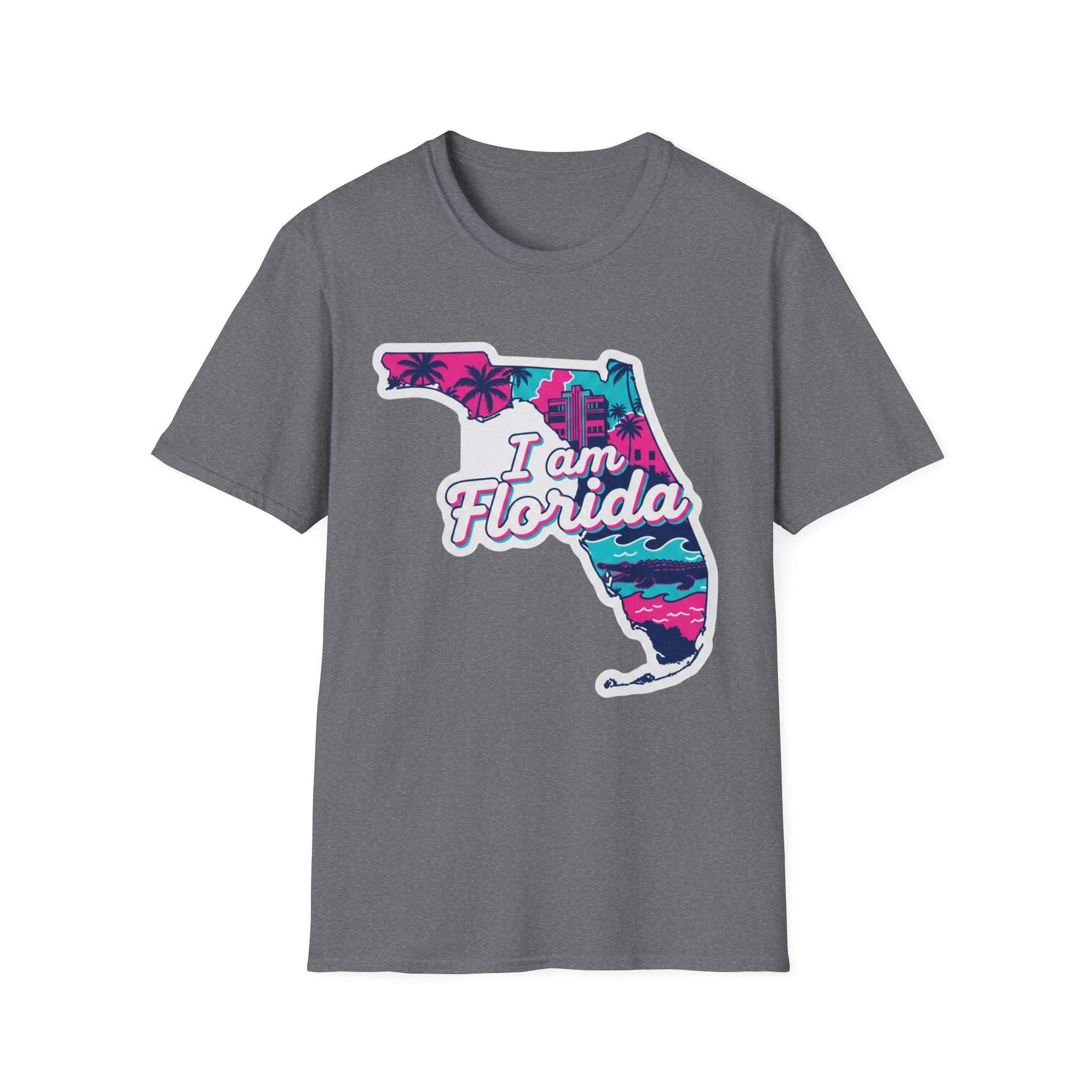 Florida T-Shirt „I am Florida“ Retro-Karte mit Palmen, Graphite Heather