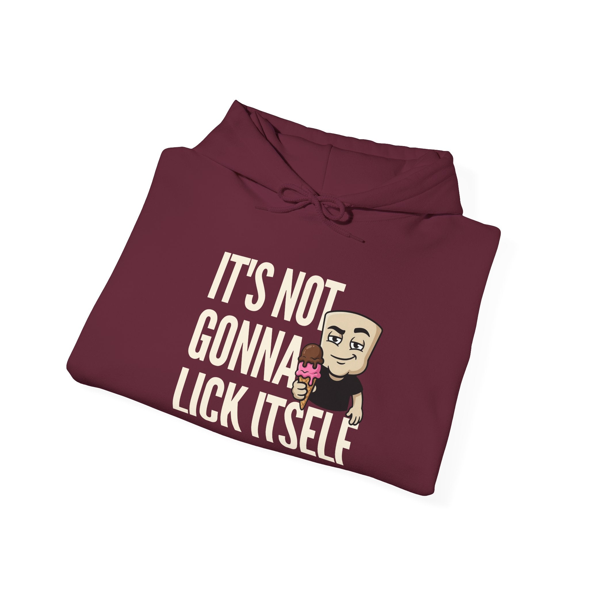 Maroon hoodie with drawstring hood, kangaroo pocket, and ice cream humor front graphic