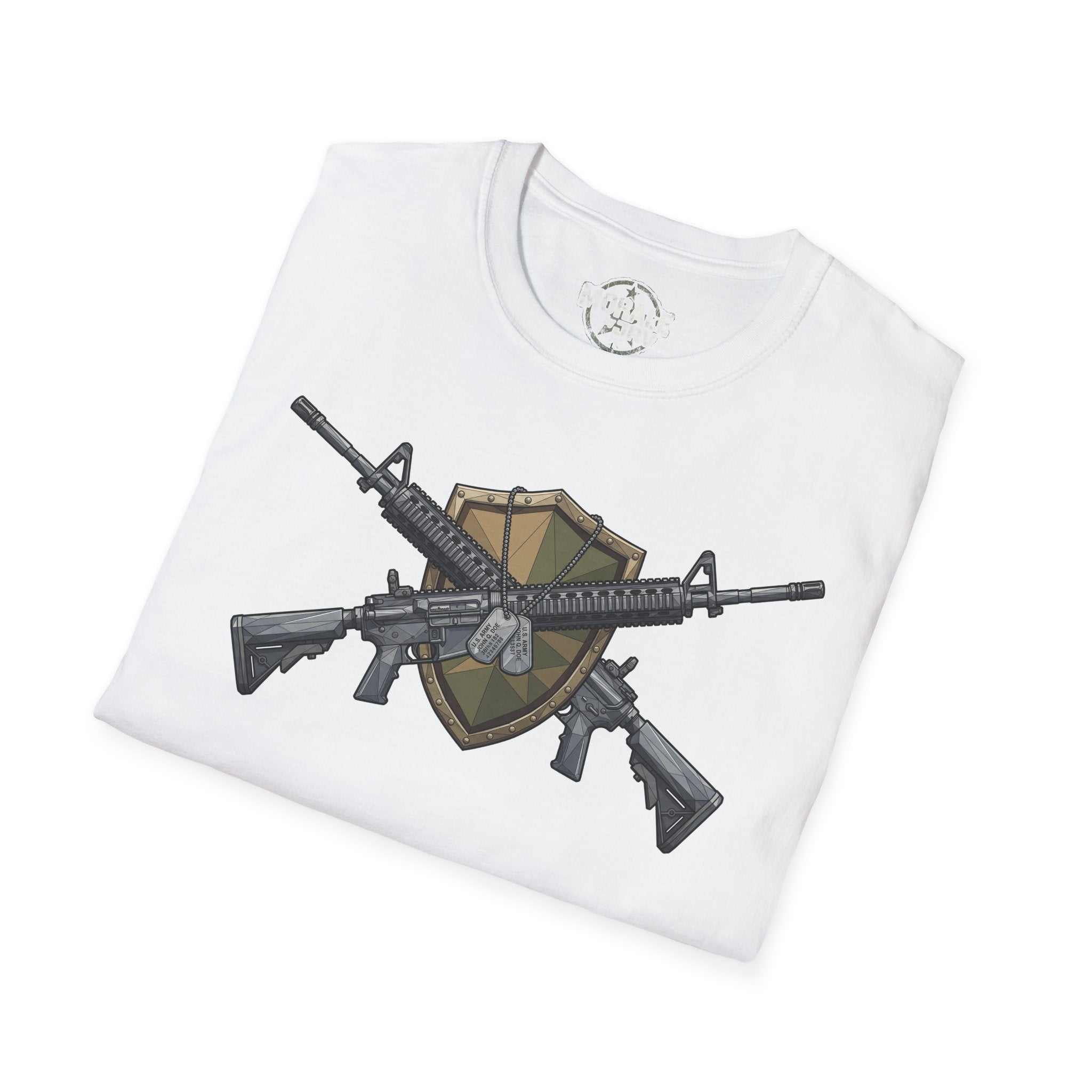 White crewneck T-shirt with crossed rifles shield tactical graphic print