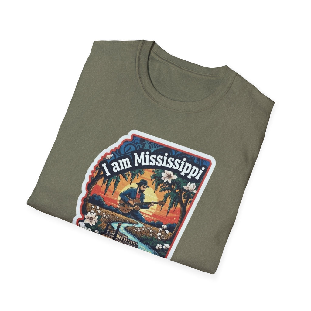 I am Mississippi T-shirt in olive green, front graphic with rider and flowers