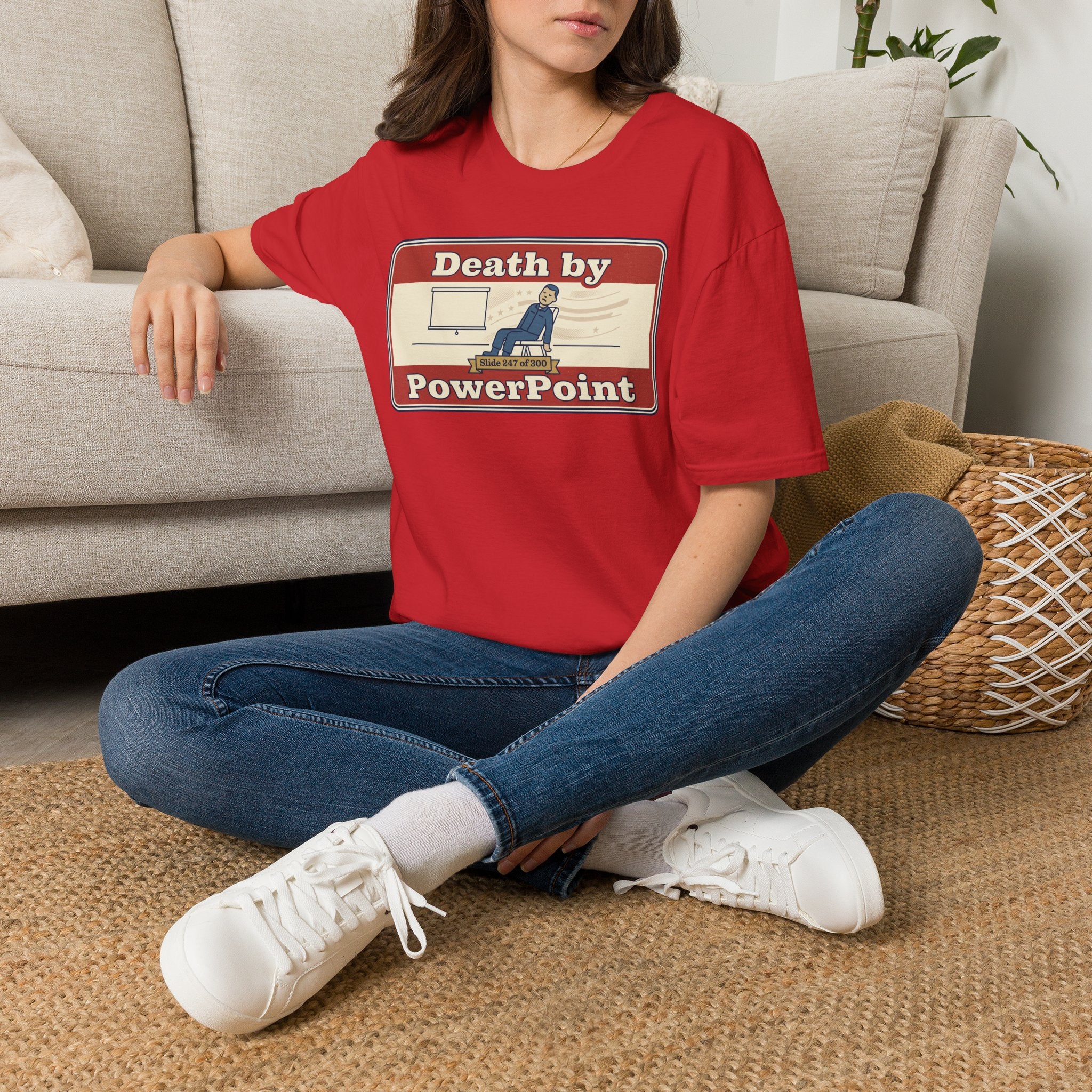 Red T-shirt with “Death by PowerPoint” front graphic, crew neck