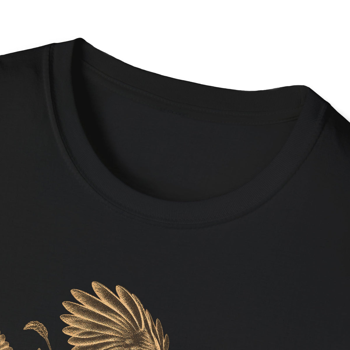 Black short-sleeve T-shirt with gold-tone birds graphic, close-up of neckline