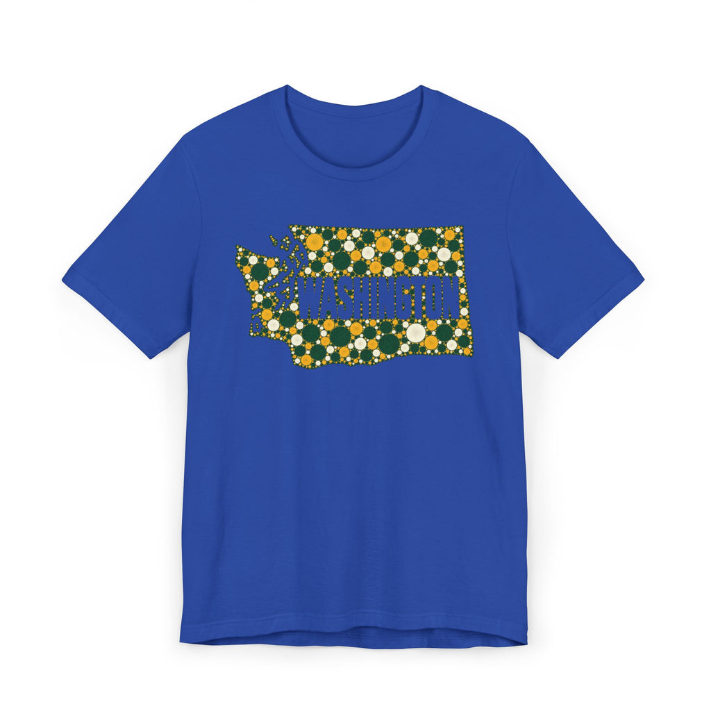 Royal blue T-shirt with dotted Washington outline floral graphic in green and gold