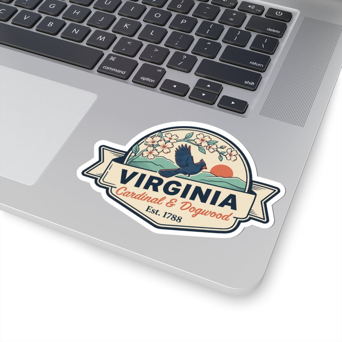 Virginia Cardinal & Dogwood sticker with banner text, blue cardinal, Est. 1788