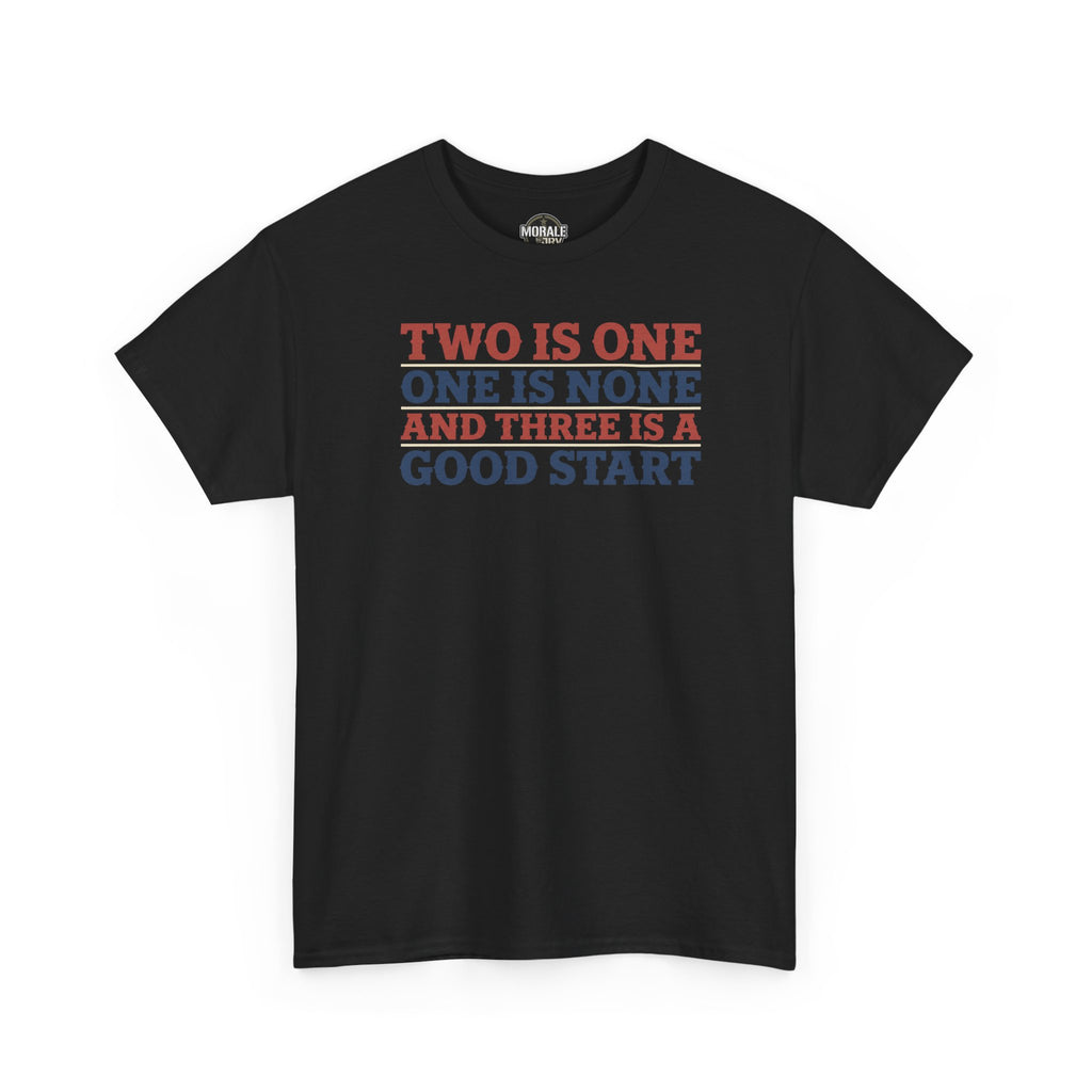 Black T-shirt with crew neck and short sleeves, colorful slogan graphic on front