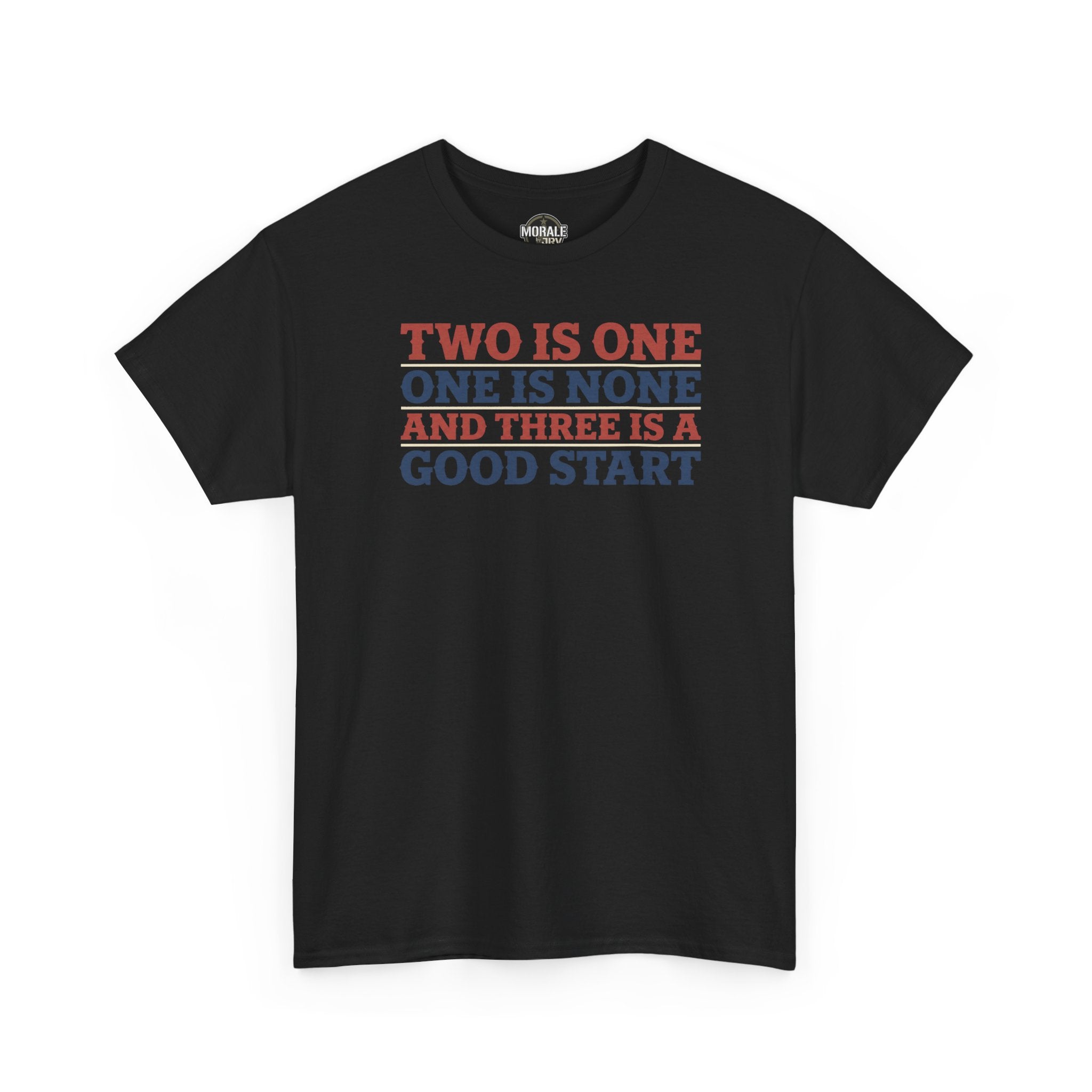 Black T-shirt with crew neck and short sleeves, colorful slogan graphic on front