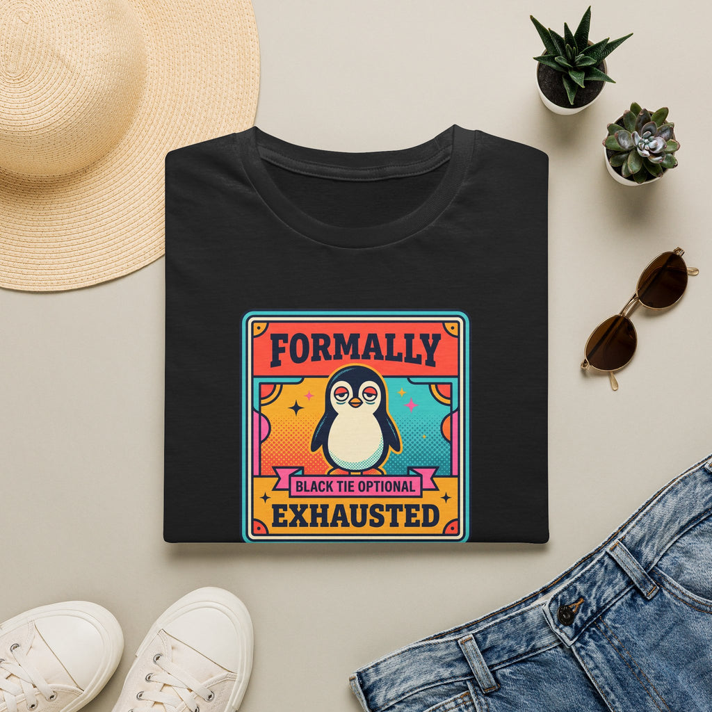 Black crew-neck T-shirt with centered retro penguin badge reading “Formally” and “Exhausted”.