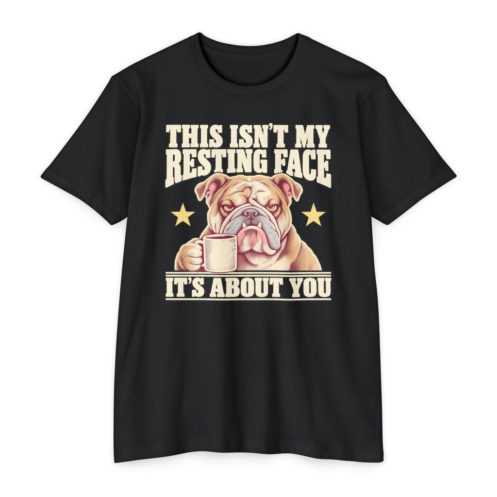 Black short-sleeve T-shirt with grumpy bulldog holding a coffee mug graphic