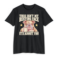 Black short-sleeve T-shirt with grumpy bulldog holding a coffee mug graphic